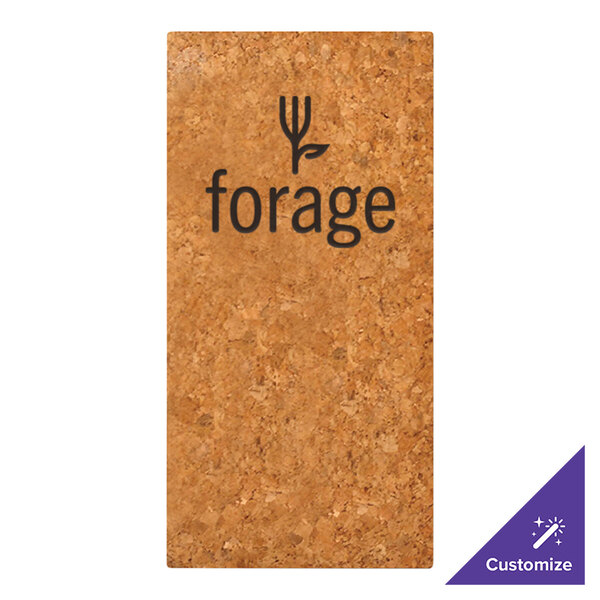 A rectangular piece of natural cork with the word 'forage' and a fork-shaped plant logo printed on it.