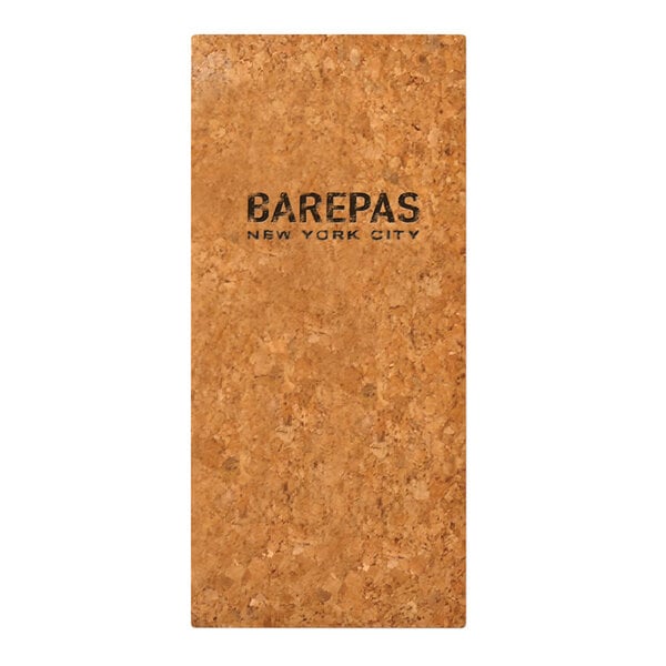 A brown rectangular cork menu cover with black text.