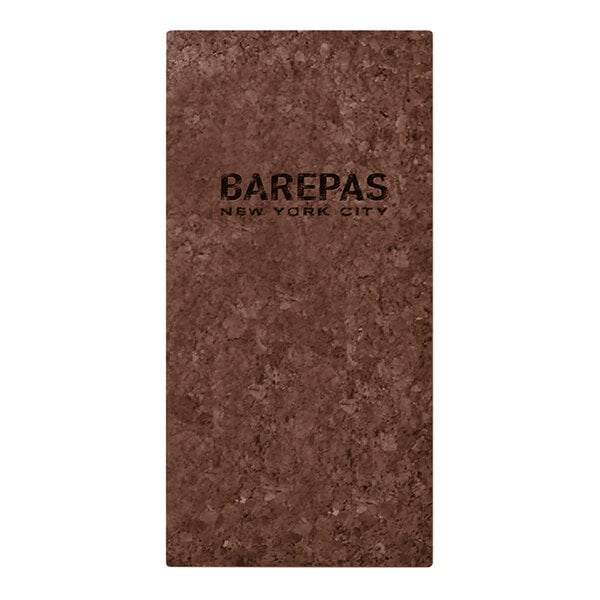 A brown rectangular Menu Solutions menu cover with black customizable text.