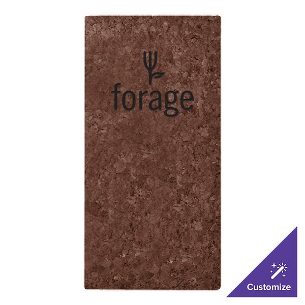 A rectangular dark brown cork-like menu cover with the word 'forage' and a small graphic printed on the front.