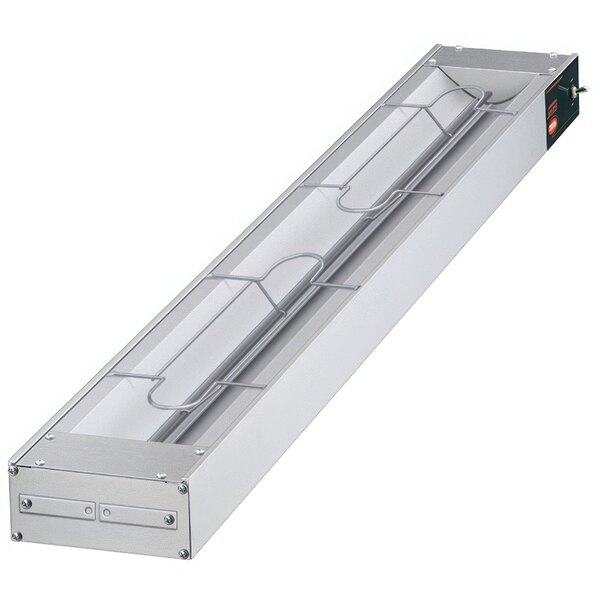A rectangular white metal shelf with wires inside.