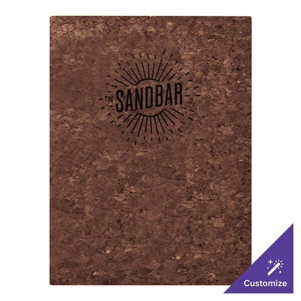 A rectangular dark cork menu cover with a customizable design and the words 'THE SANDBAR' printed in the center.