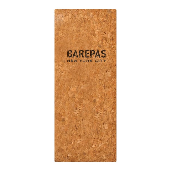 A brown rectangular Menu Solutions cork cover with black customizable text.