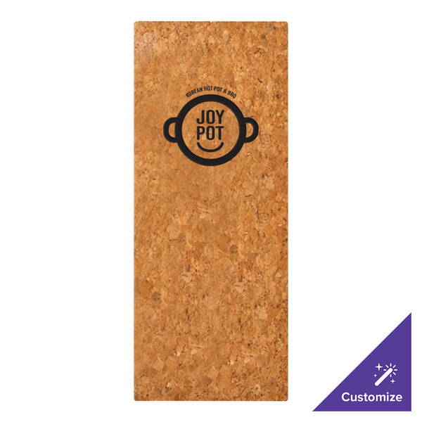 A rectangular, natural cork menu cover with a printed logo and text at the top center.