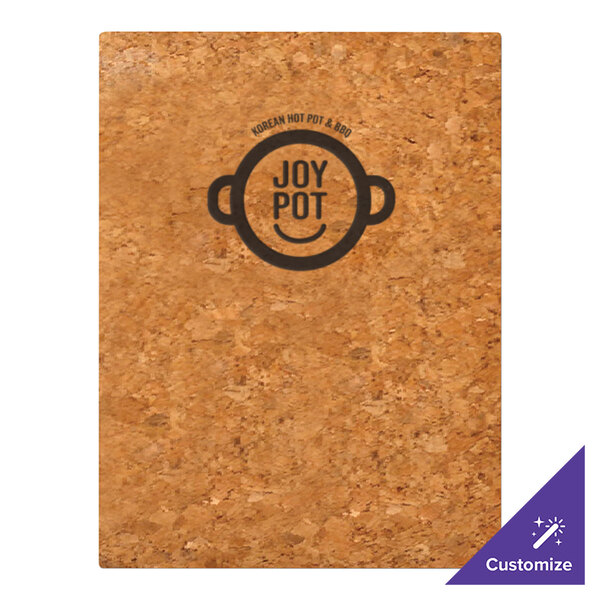 A rectangular menu cover made of natural cork with a printed logo and text on the front.