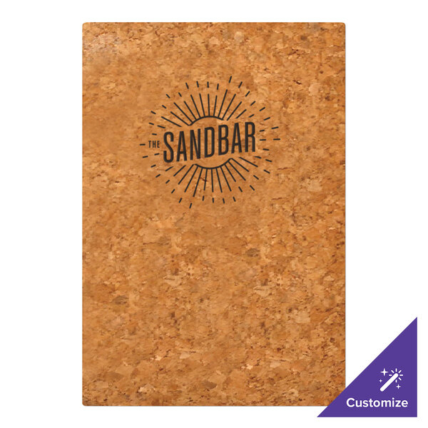 A rectangular cork board with a printed design reading 'The Sandbar' in the center and a purple corner label that says 'Customize.'