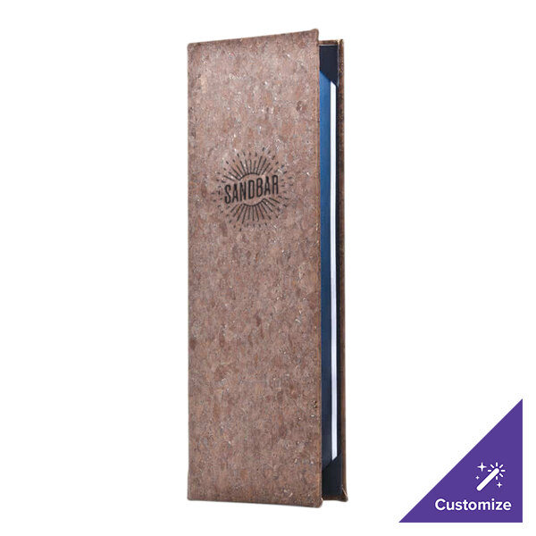 A tall, rectangular, brown cork-like menu cover with the word 'SANDBAR' and a sunburst design on the front.