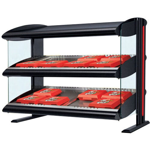 A black Hatco slanted double shelf countertop display case with red food trays inside.