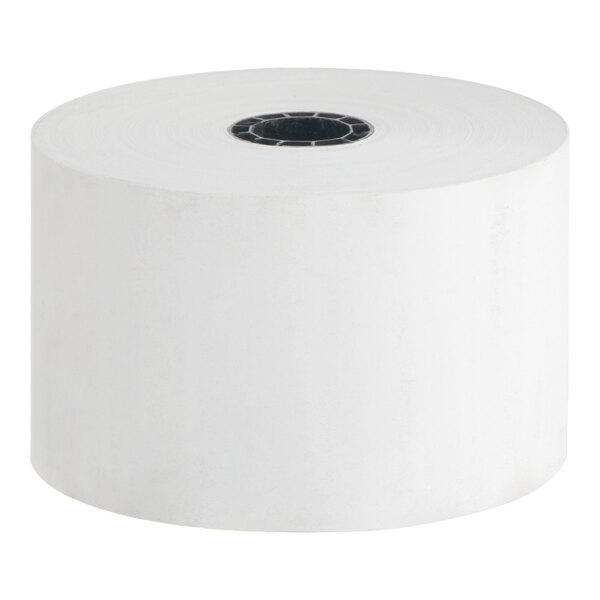 A large white thermal cash register POS paper roll with a black core.
