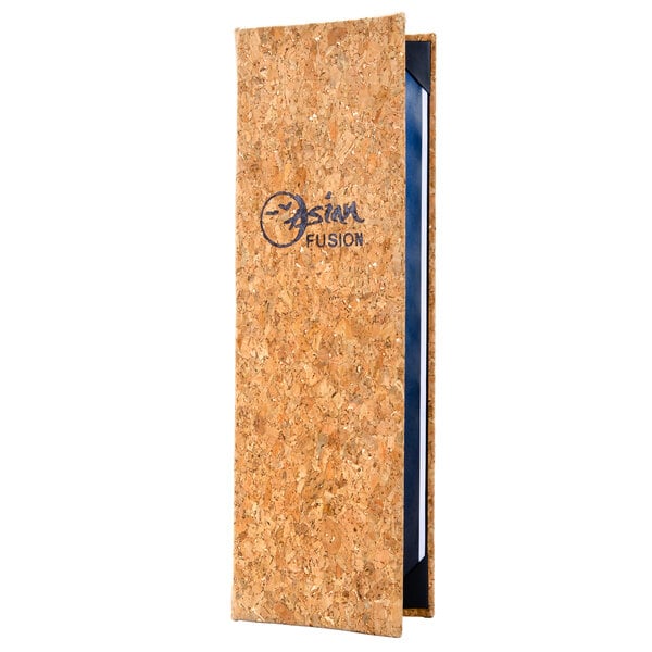 A Menu Solutions cork menu cover with a blue logo.