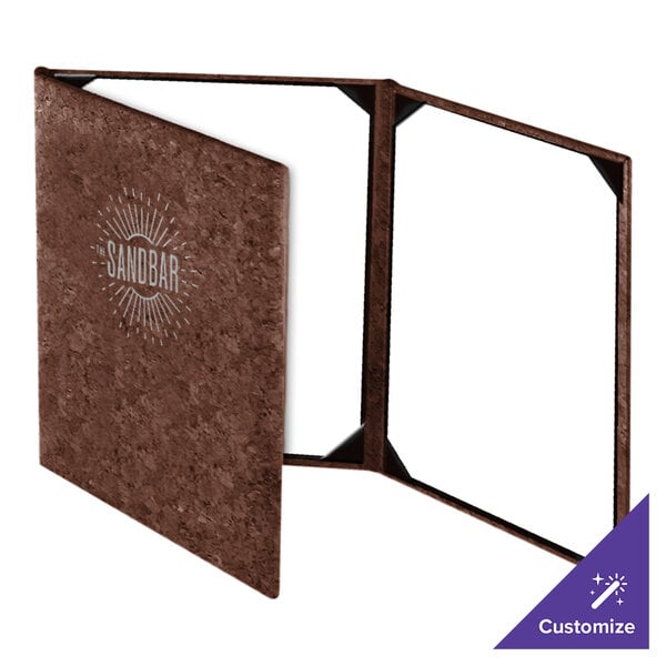 A brown, textured, three-panel menu cover with clear display pockets and a customizable front cover.
