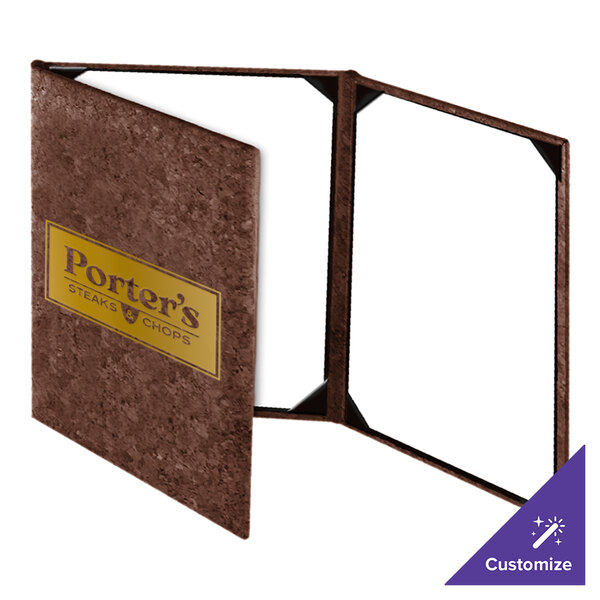 A brown, textured, three-panel menu cover with a customizable front label and clear interior pockets for holding menu pages.