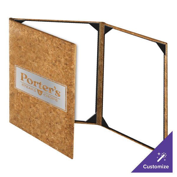 A three-panel menu cover with a natural cork exterior and clear display windows for inserting menu pages.