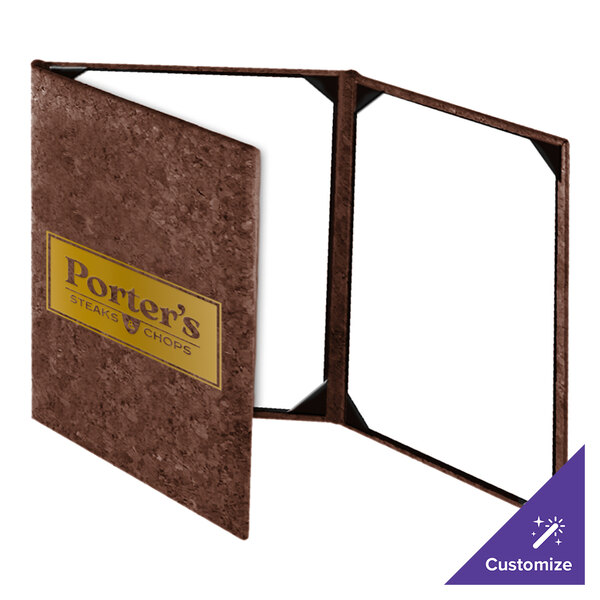 A brown, textured, three-panel menu cover with a gold label on the front displaying the text 'Porter's Steaks & Chops,' and clear interior pockets for holding menu pages.