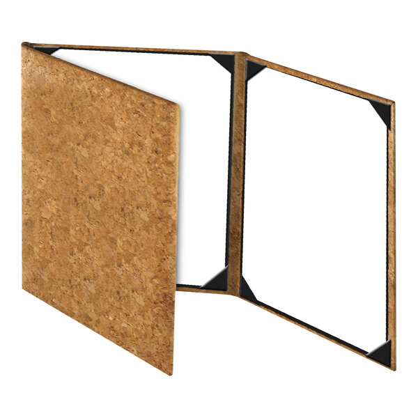 A three-panel menu cover with a natural cork exterior and clear interior pockets held by black corner tabs.
