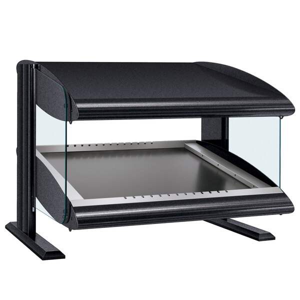 A black rectangular Hatco food warmer with a glass top.