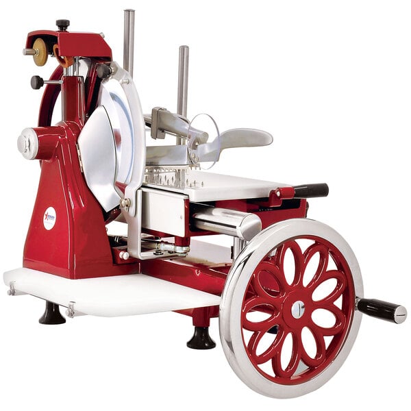 An Omcan red and white manual meat slicer with a flower wheel.