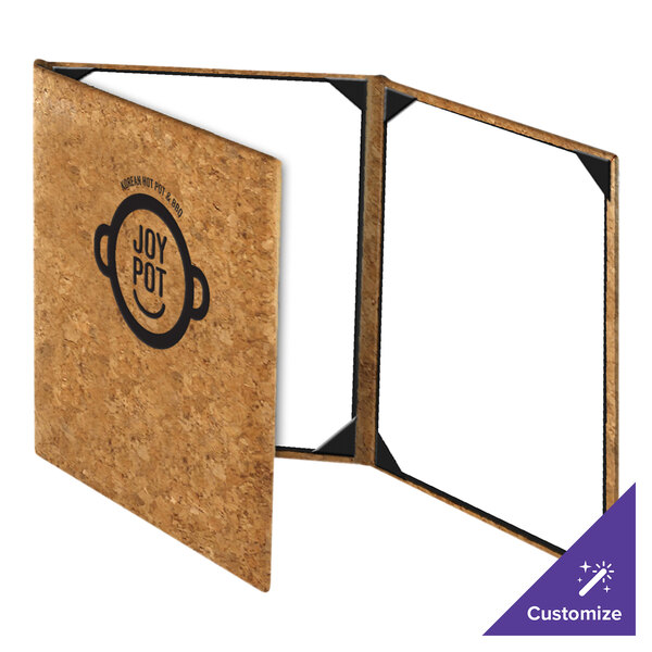 A three-panel menu cover made of natural cork material with black corner tabs and a customizable front cover featuring a circular logo design.