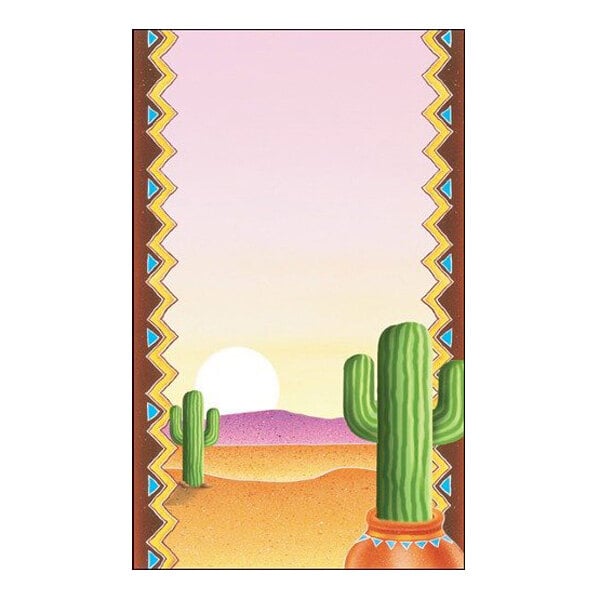 An illustration of a desert landscape with cacti, a setting sun, and a decorative southwestern border.