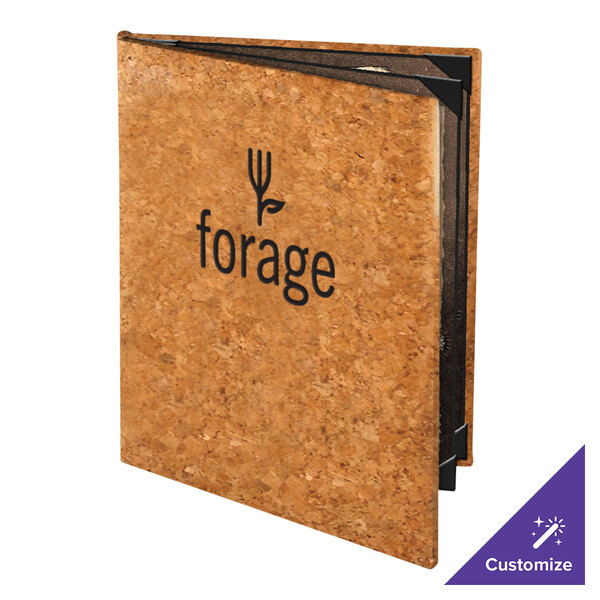 A standing booklet with a natural cork cover, featuring the word 'forage' and a small plant graphic on the front.