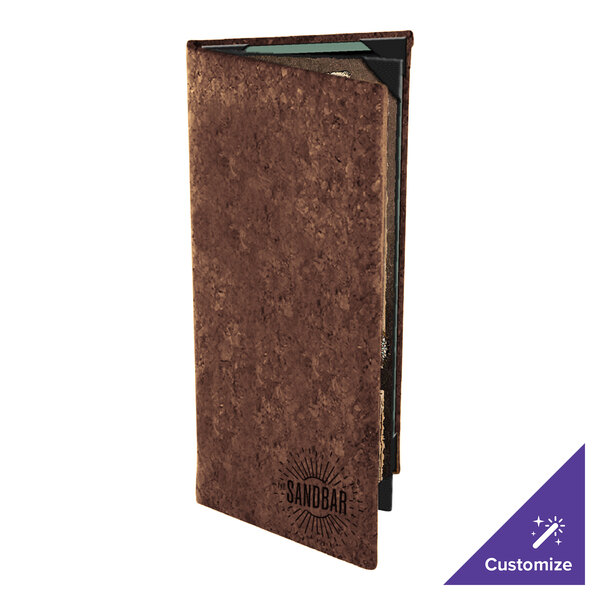 A standing, rectangular, brown cork-like menu cover with a customizable logo on the front.