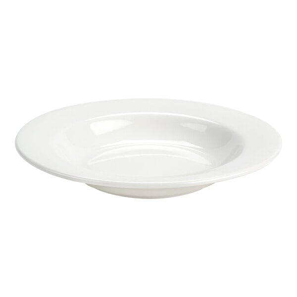 A white, wide-rimmed soup bowl with a shallow, rounded center.