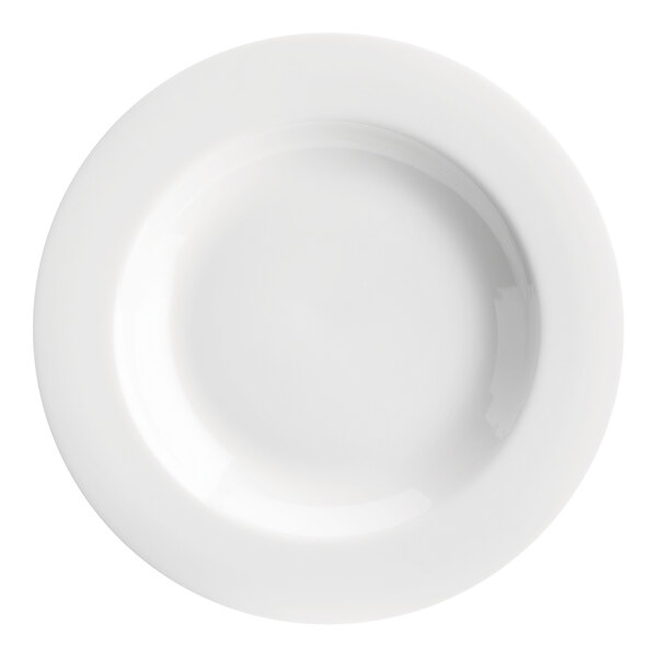 A plain, bright white, wide-rimmed bowl viewed from above.
