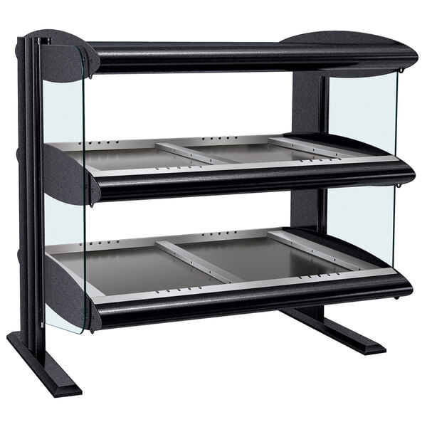 A black and silver Hatco heated zone merchandiser with double shelves on a counter.