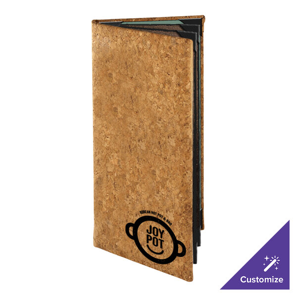 A standing, rectangular menu cover with a natural cork-like texture and a black printed logo on the front.