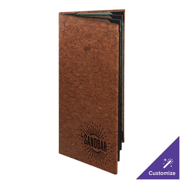 Menu Solutions CO660BA-DB 4 1/4" x 11" Customizable Dark Cork 6 View Booklet Menu Cover