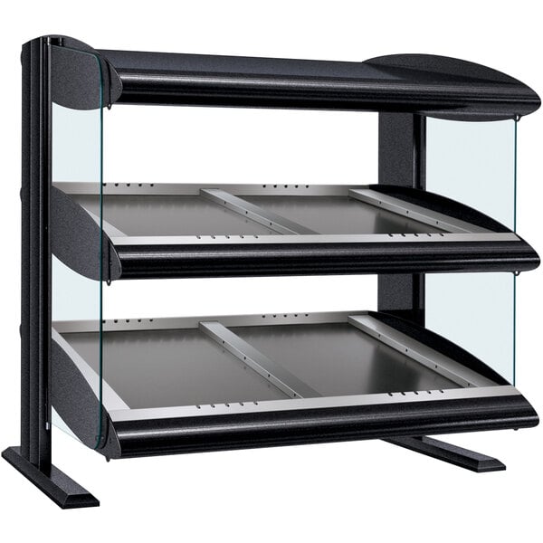 A black and silver Hatco countertop heated zone display case with glass shelves.