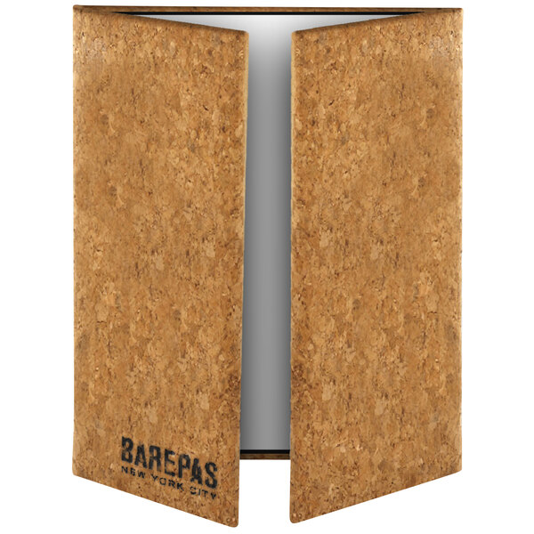 A close-up of a Menu Solutions cork gatefold menu cover with cork inserts.