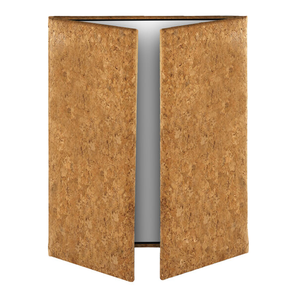 A gatefold-style menu cover with a natural cork exterior and three visible panels.