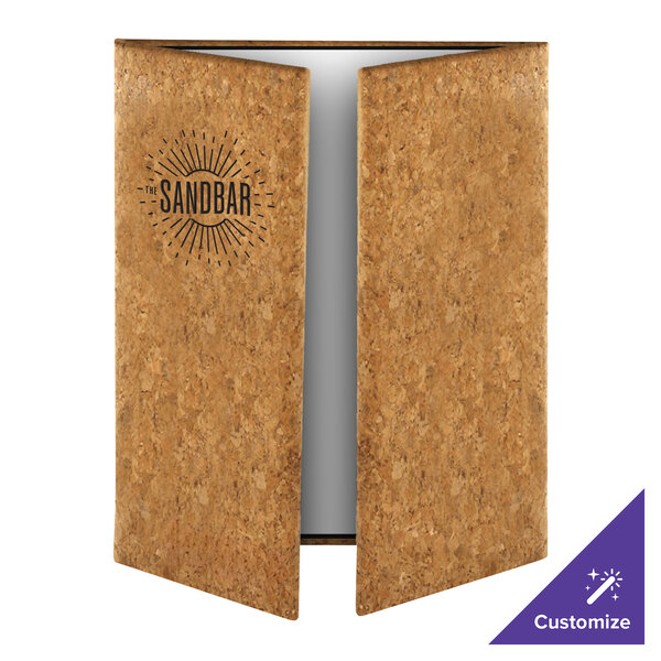 A gatefold-style menu cover made of natural cork material, partially open to reveal the inside, with a customizable logo on the front.