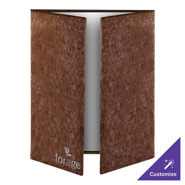 A brown, textured, gatefold-style menu cover with three visible panels and the word 'forage' printed on the lower left corner.