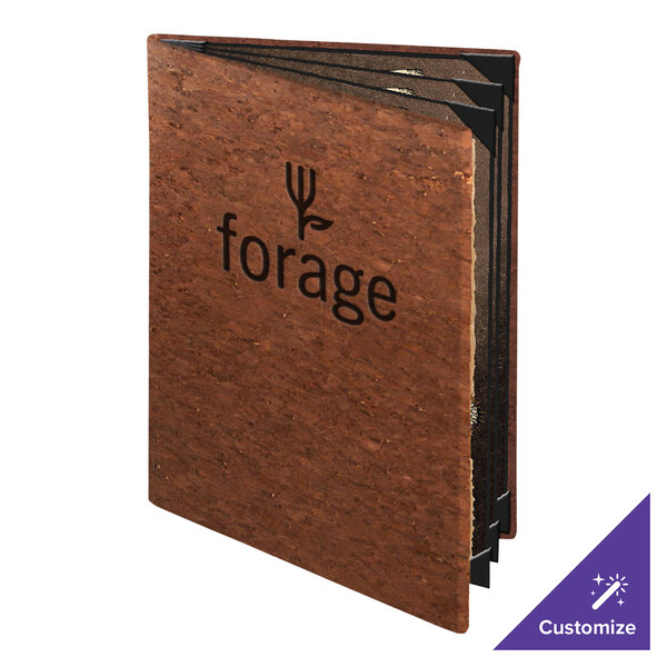 A brown, textured booklet with the word 'forage' and a fork-leaf logo on the front cover, featuring multiple visible pages inside.