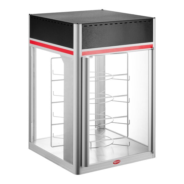 A tall, two-door food holding and display cabinet with a four-tier circular rack and a motor, designed for showcasing and keeping food warm.