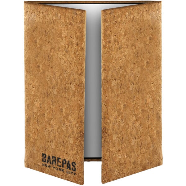 A cork menu cover with a cork board inside.