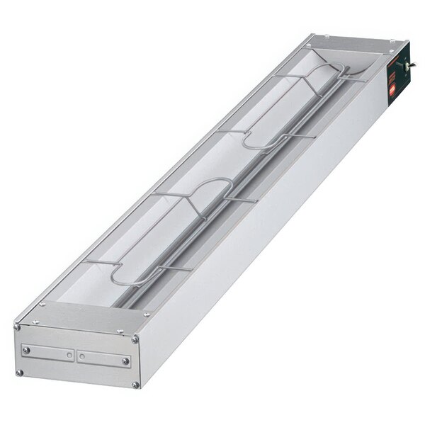 A long white metal shelf with rectangular metal rods and wire.