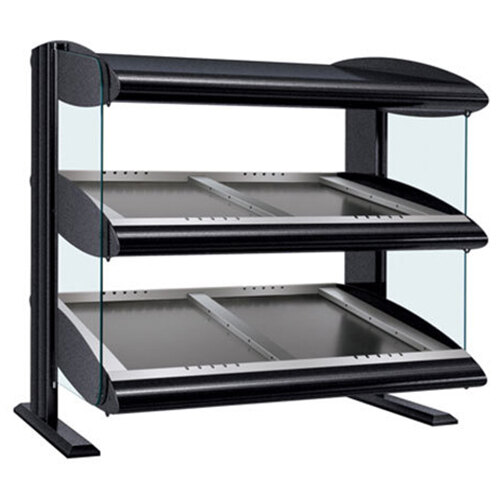 A black and silver Hatco countertop heated zone display case with two slanted shelves.
