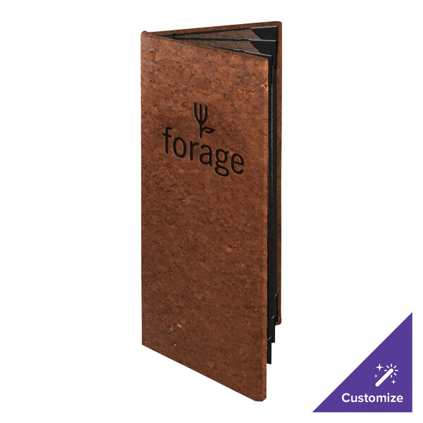 A tall, brown, cork-textured booklet with the word 'forage' and a small graphic on the front cover.