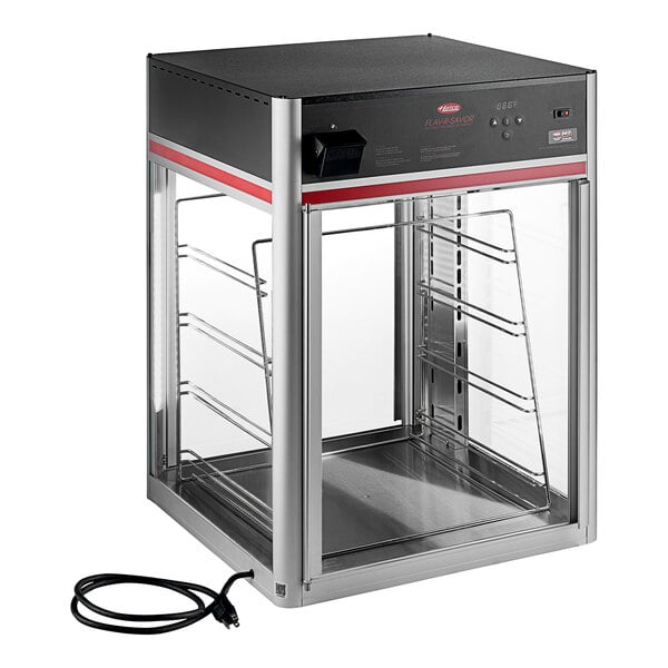 A black and silver Hatco Flav-R-Savor countertop glass cabinet with wire racks inside.