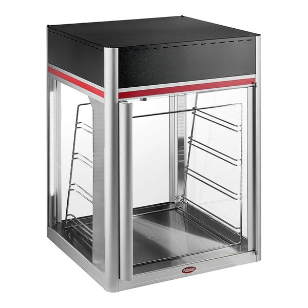 A black and silver Hatco Flav-R-Savor countertop food warmer with glass doors holding pans.
