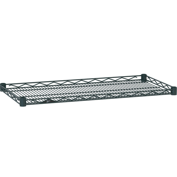A black Metro Super Erecta wire shelf with a smoked glass drop mat.