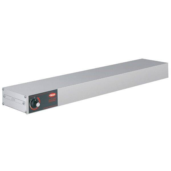 A rectangular stainless steel Hatco food warmer with a red light and dial.