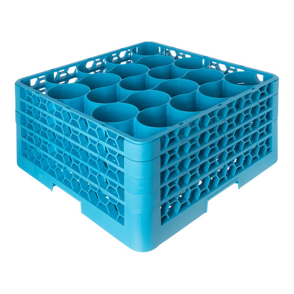 A blue plastic glass rack with 20 compartments and four extenders.