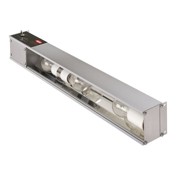 A Hatco Glo-Rite display light with two light bulbs in metal cases.