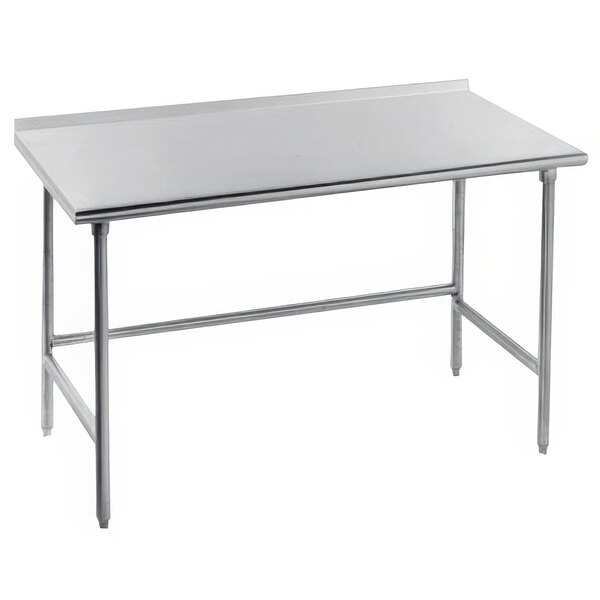 A silver Advance Tabco stainless steel work table with an open base and legs.