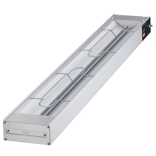 A rectangular metal Hatco food warmer with wires.