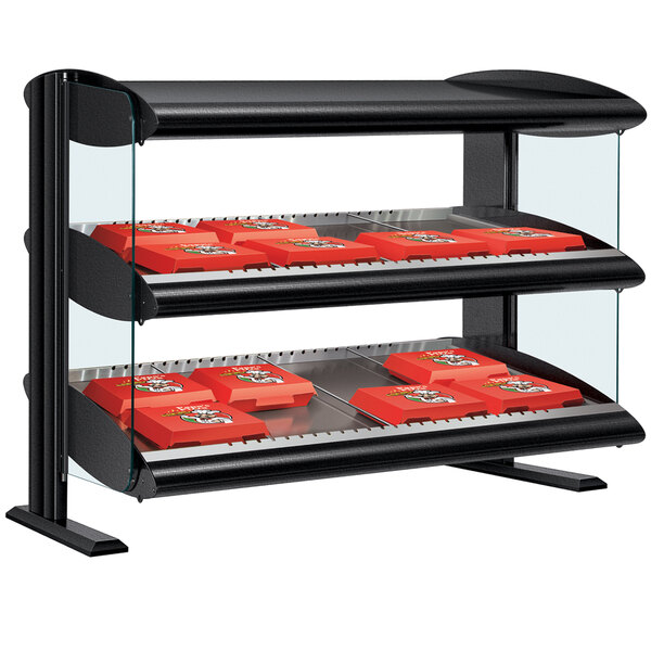 A black Hatco countertop display case with two red shelves.